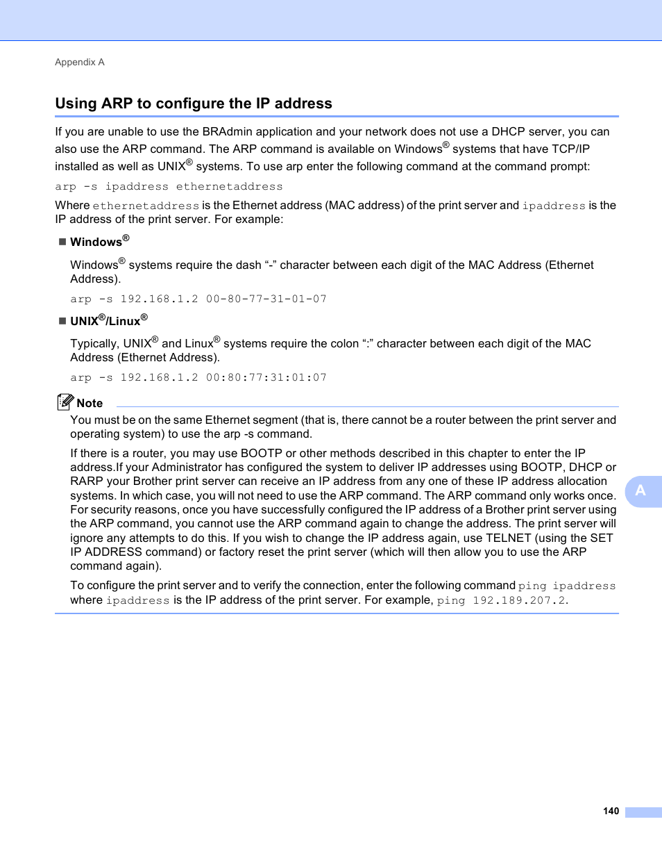 Using arp to configure the ip address, Ausing arp to configure the ip address | Brother DCP-395CN User Manual | Page 149 / 170