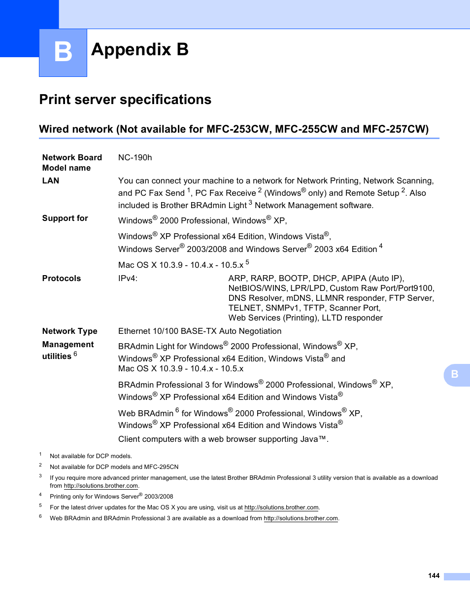 Appendix b, Print server specifications | Brother DCP-395CN User Manual | Page 153 / 170