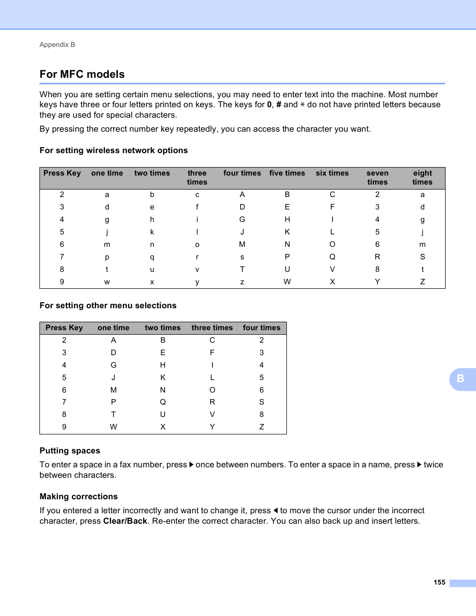 For mfc models, Bfor mfc models | Brother DCP-395CN User Manual | Page 164 / 170