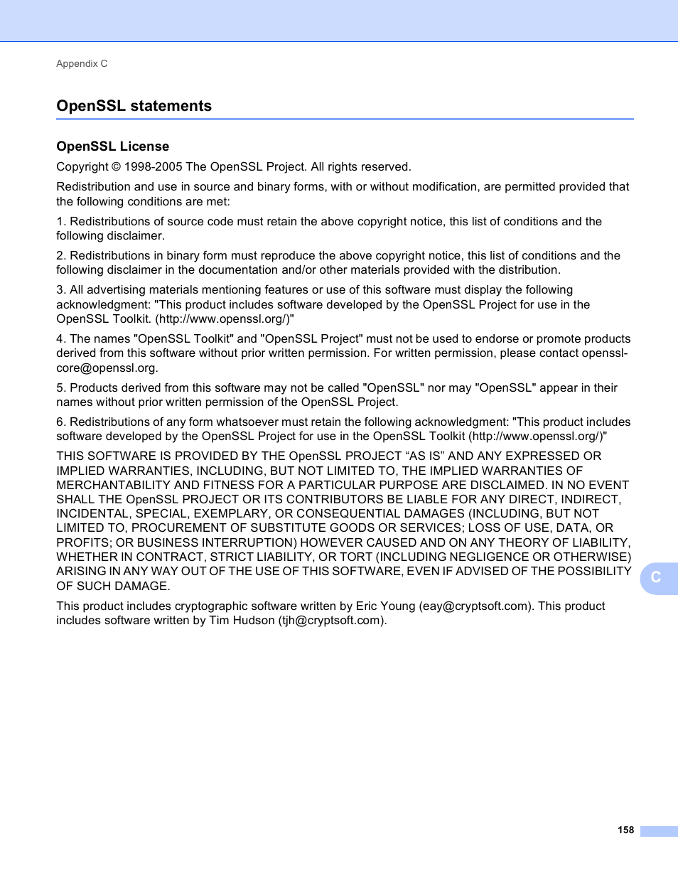 Openssl statements, Openssl license, Copenssl statements | Brother DCP-395CN User Manual | Page 167 / 170