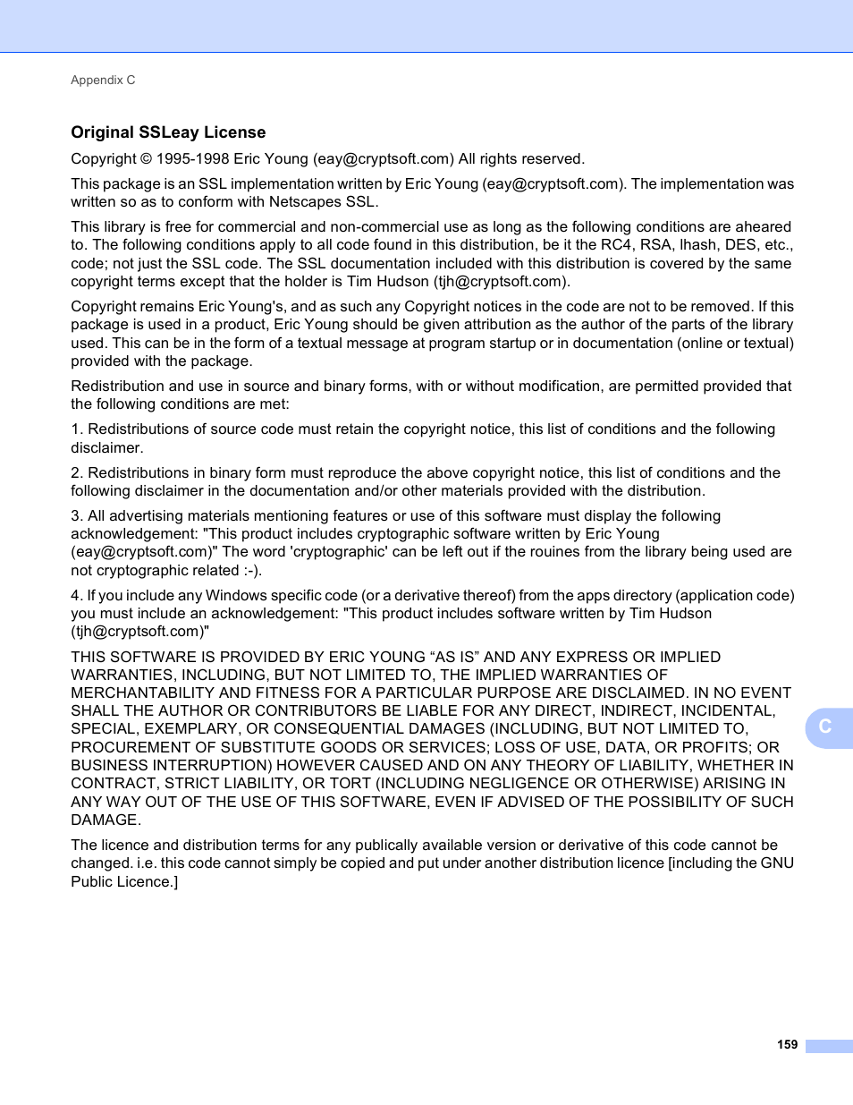 Original ssleay license | Brother DCP-395CN User Manual | Page 168 / 170