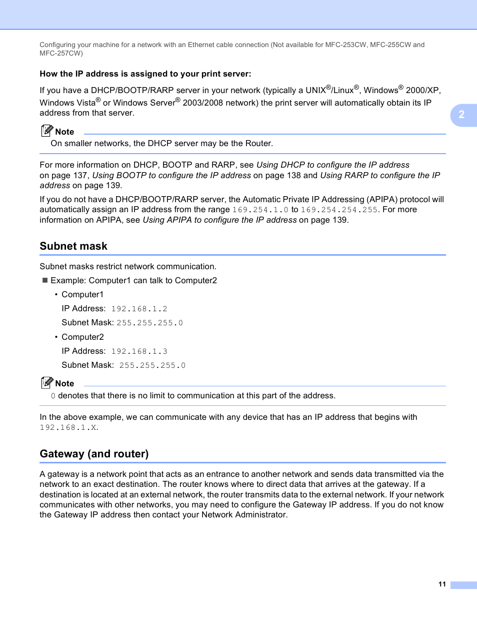 Subnet mask, Gateway (and router), Subnet mask gateway (and router) | Brother DCP-395CN User Manual | Page 20 / 170