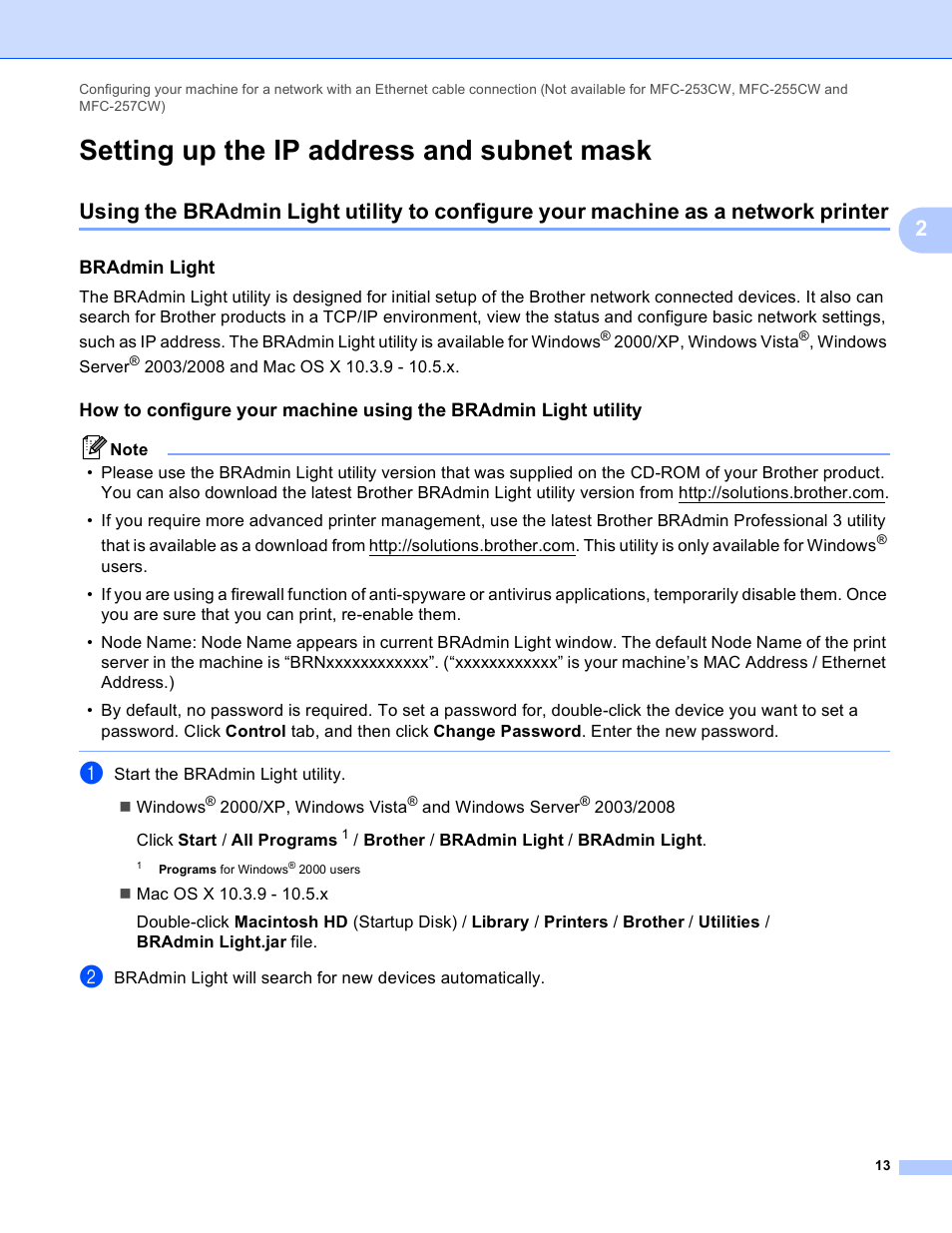 Setting up the ip address and subnet mask, Bradmin light | Brother DCP-395CN User Manual | Page 22 / 170