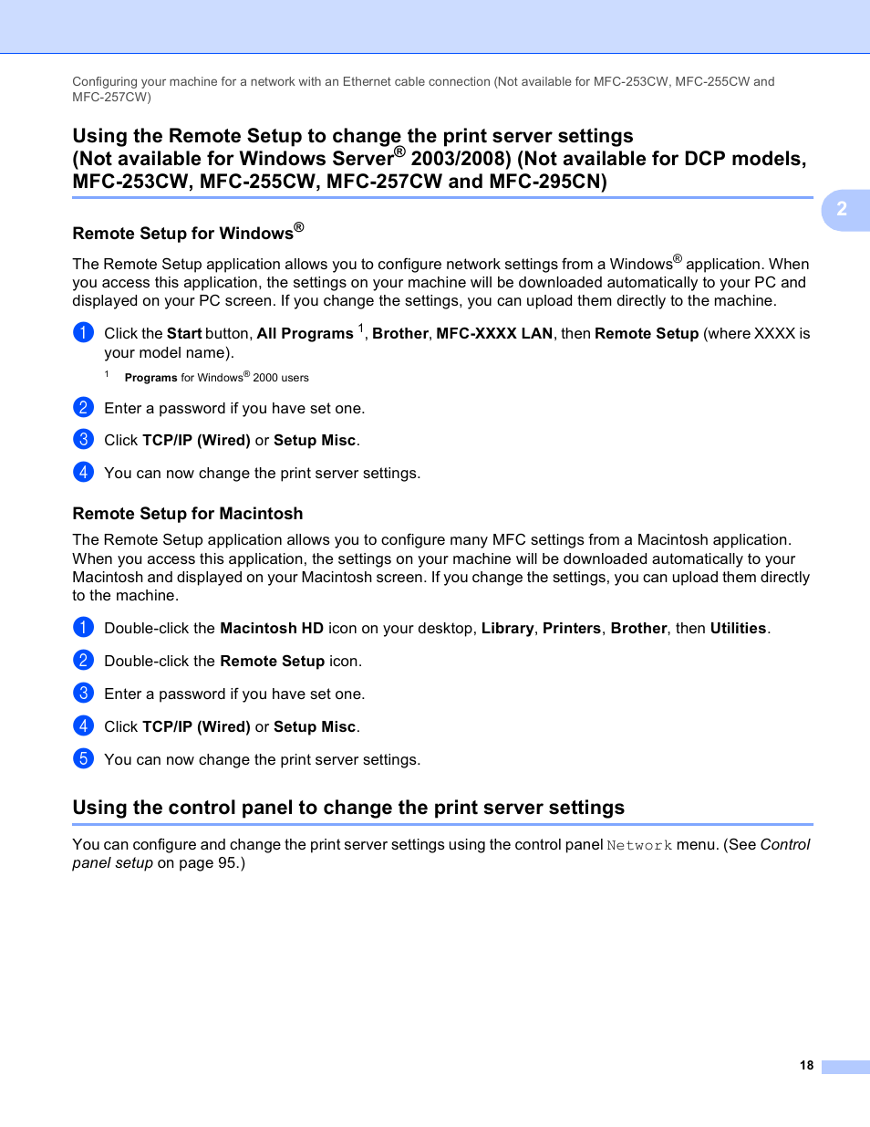 Remote setup for windows, Remote setup for macintosh, Not available for windows server | Brother DCP-395CN User Manual | Page 27 / 170
