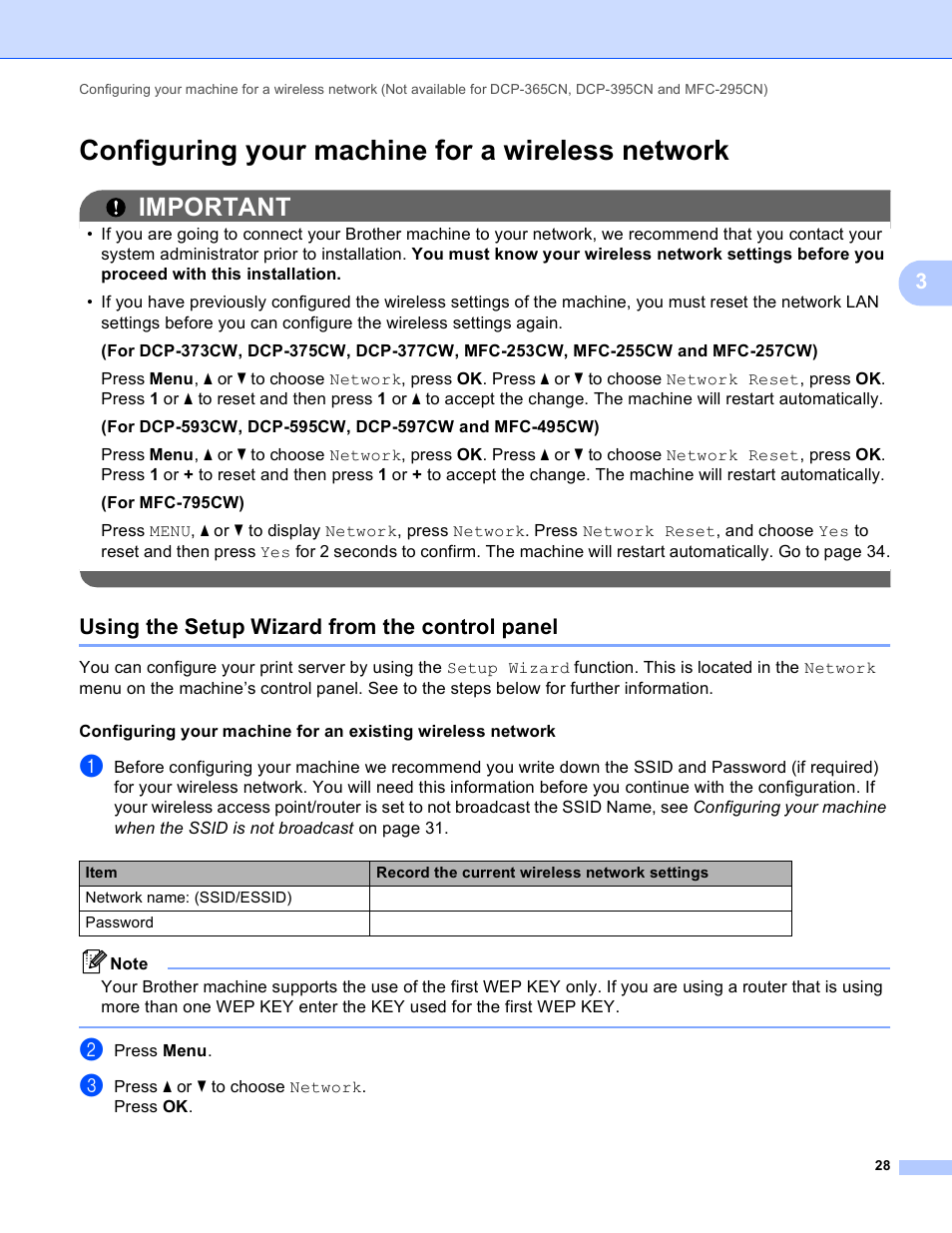 Configuring your machine for a wireless network, Using the setup wizard from the control panel, Important | Brother DCP-395CN User Manual | Page 37 / 170