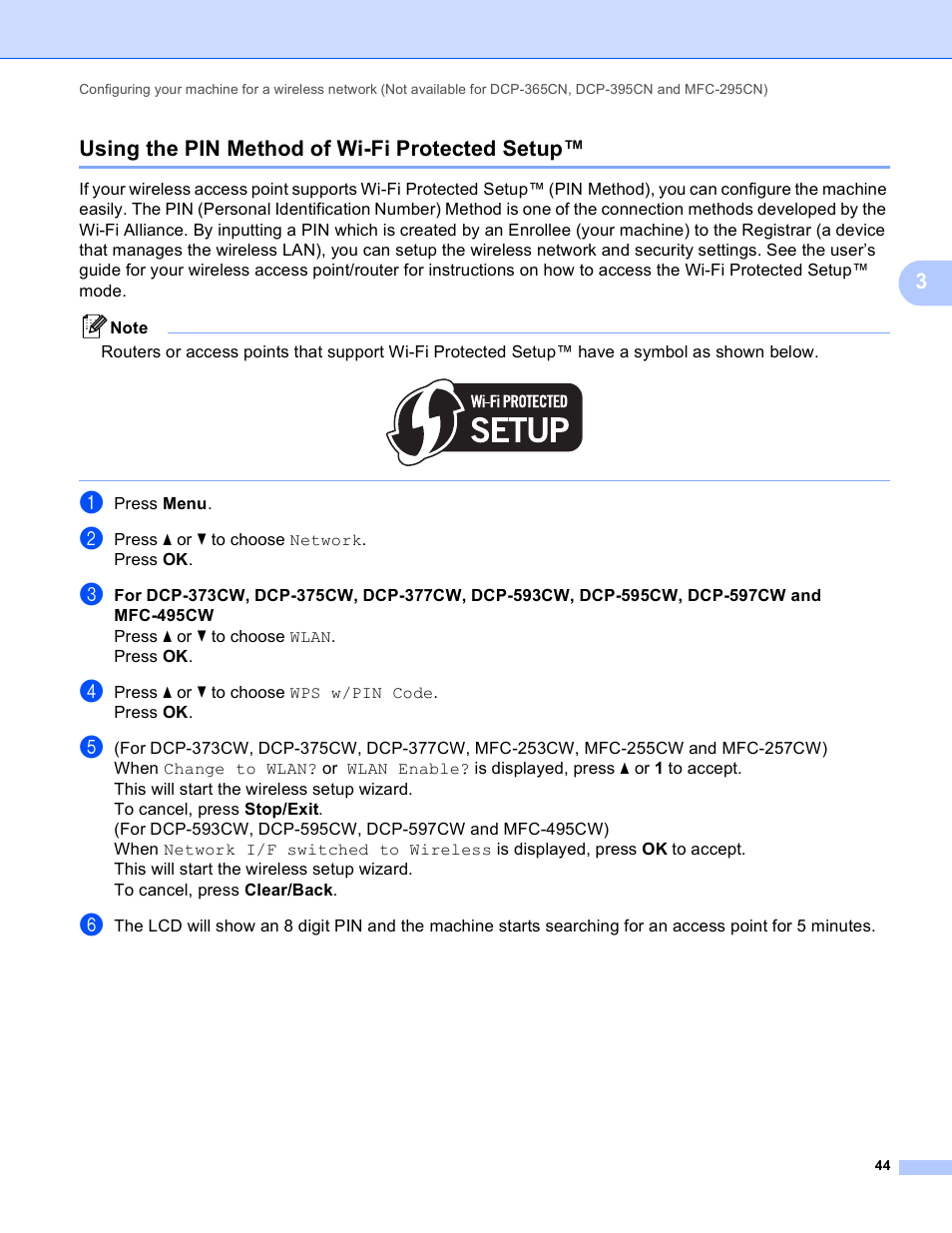 Using the pin method of wi-fi protected setup, 3using the pin method of wi-fi protected setup | Brother DCP-395CN User Manual | Page 53 / 170