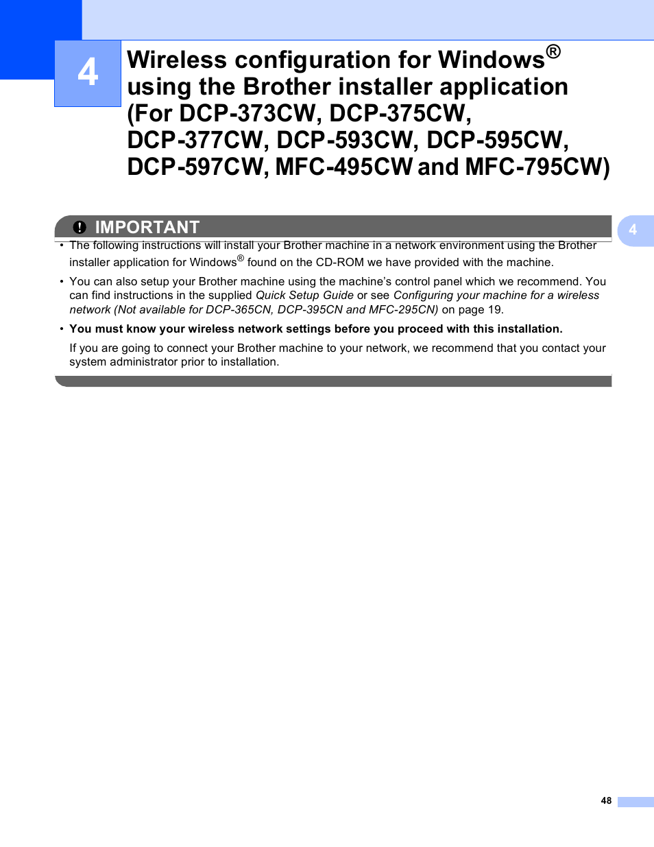 Wireless configuration for windows, Using the brother installer application, Using the brother installer application (for | Brother DCP-395CN User Manual | Page 57 / 170