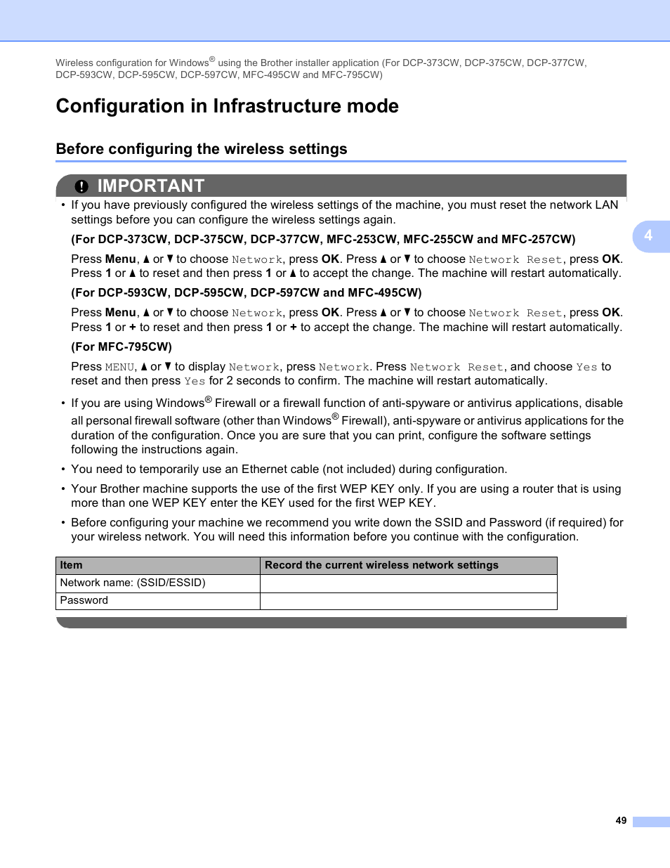 Configuration in infrastructure mode, Before configuring the wireless settings, Important | Brother DCP-395CN User Manual | Page 58 / 170