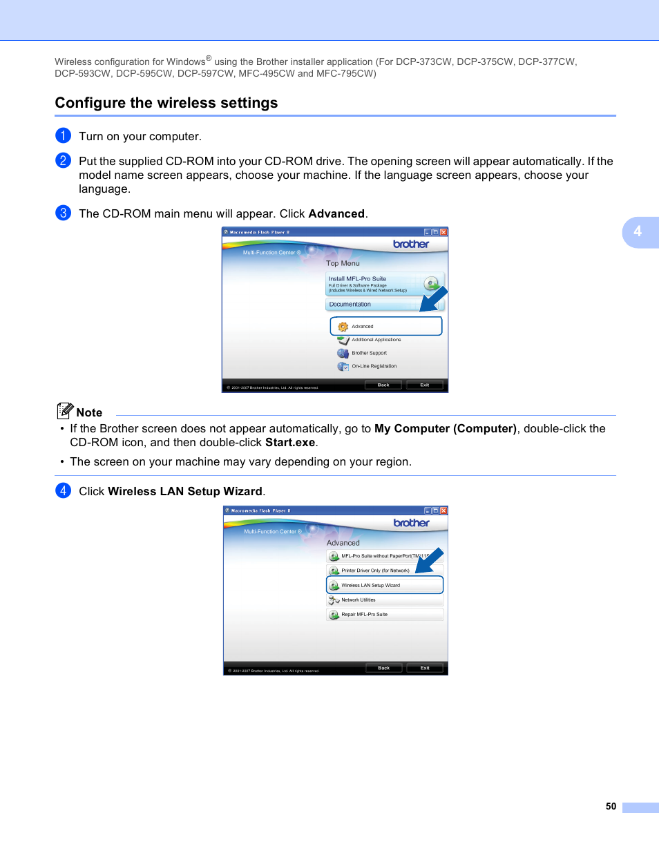 Configure the wireless settings, 4configure the wireless settings | Brother DCP-395CN User Manual | Page 59 / 170