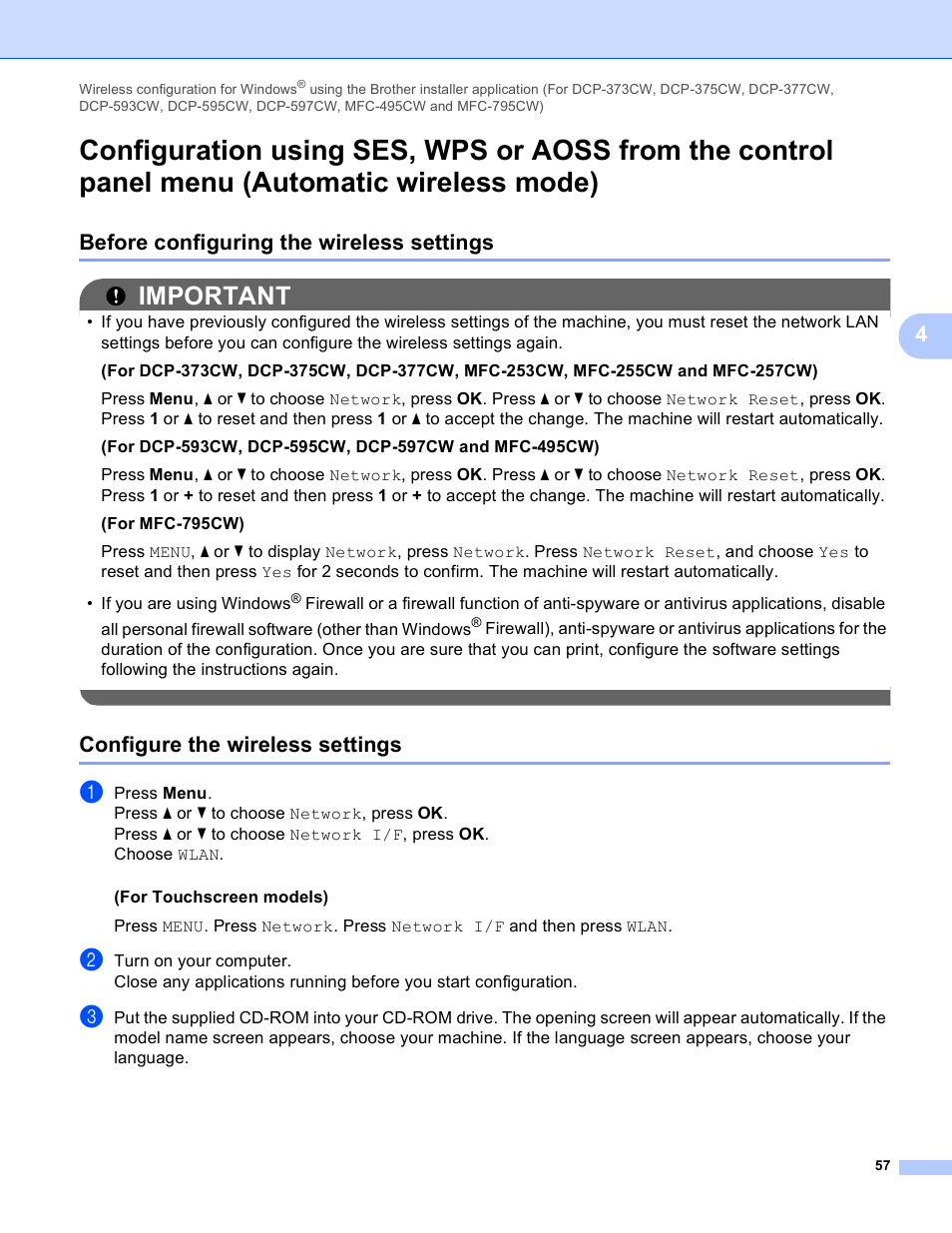 Before configuring the wireless settings, Configure the wireless settings, Important | Brother DCP-395CN User Manual | Page 66 / 170