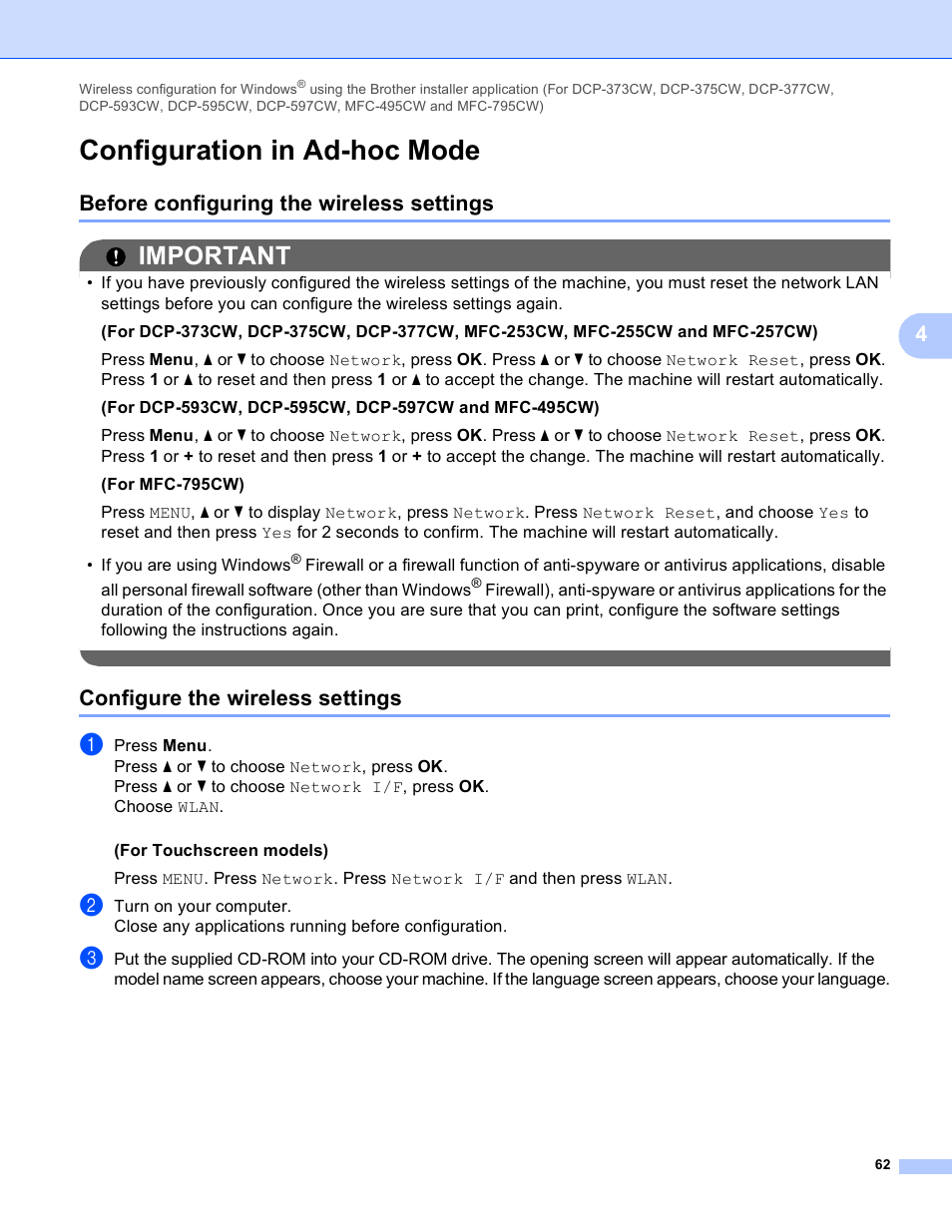 Configuration in ad-hoc mode, Before configuring the wireless settings, Configure the wireless settings | Important | Brother DCP-395CN User Manual | Page 71 / 170