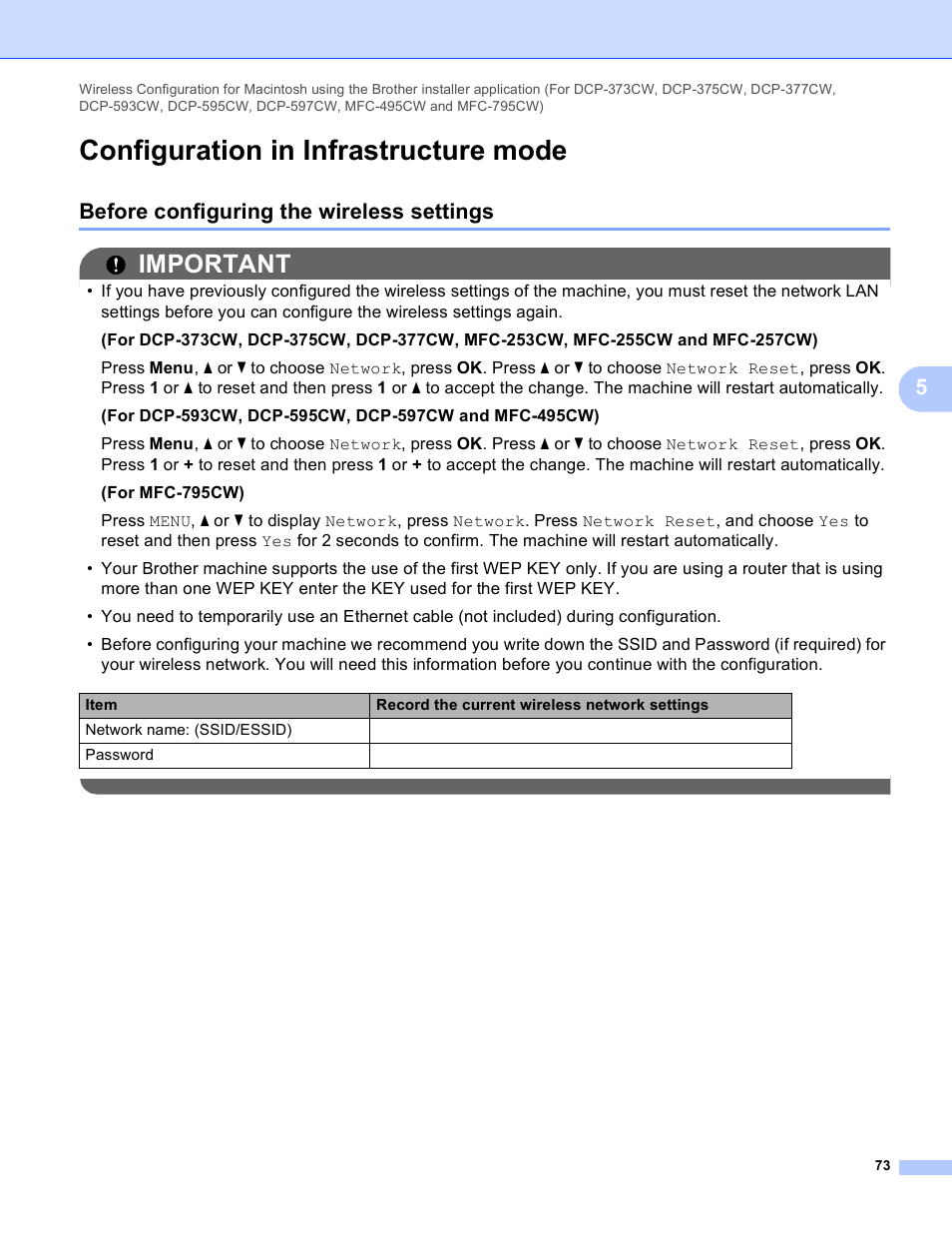 Configuration in infrastructure mode, Before configuring the wireless settings, Important | Brother DCP-395CN User Manual | Page 82 / 170