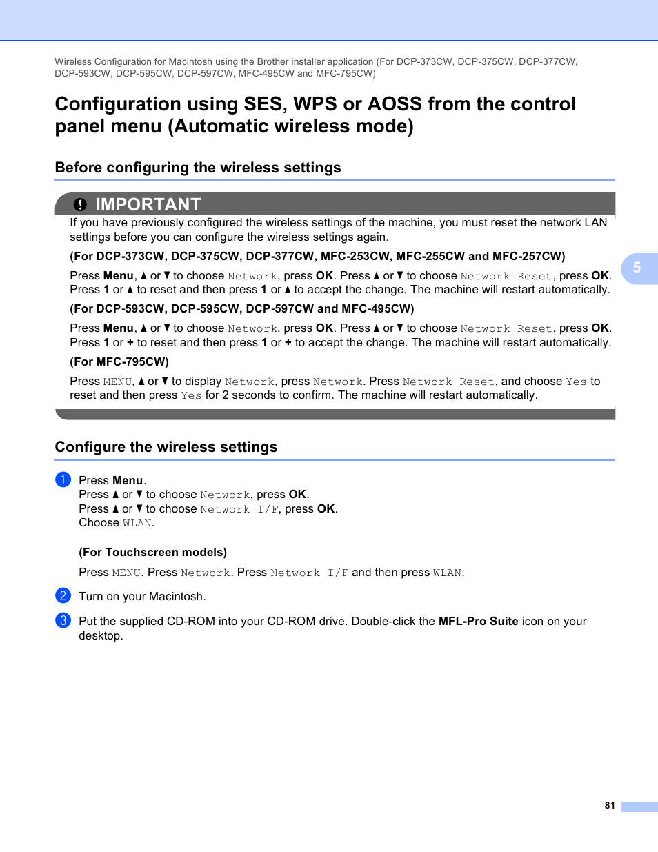 Before configuring the wireless settings, Configure the wireless settings, Important | Brother DCP-395CN User Manual | Page 90 / 170