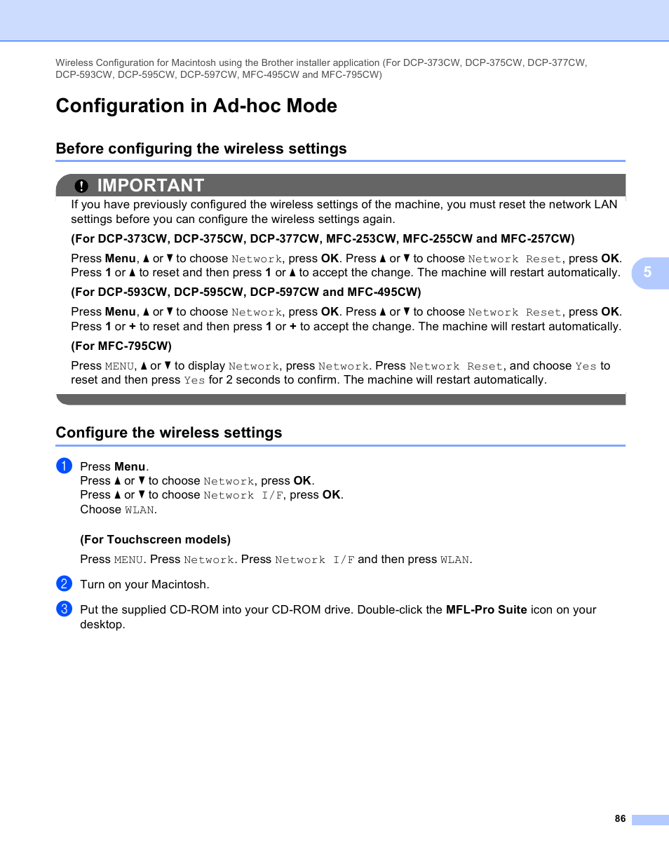 Configuration in ad-hoc mode, Before configuring the wireless settings, Configure the wireless settings | Important | Brother DCP-395CN User Manual | Page 95 / 170