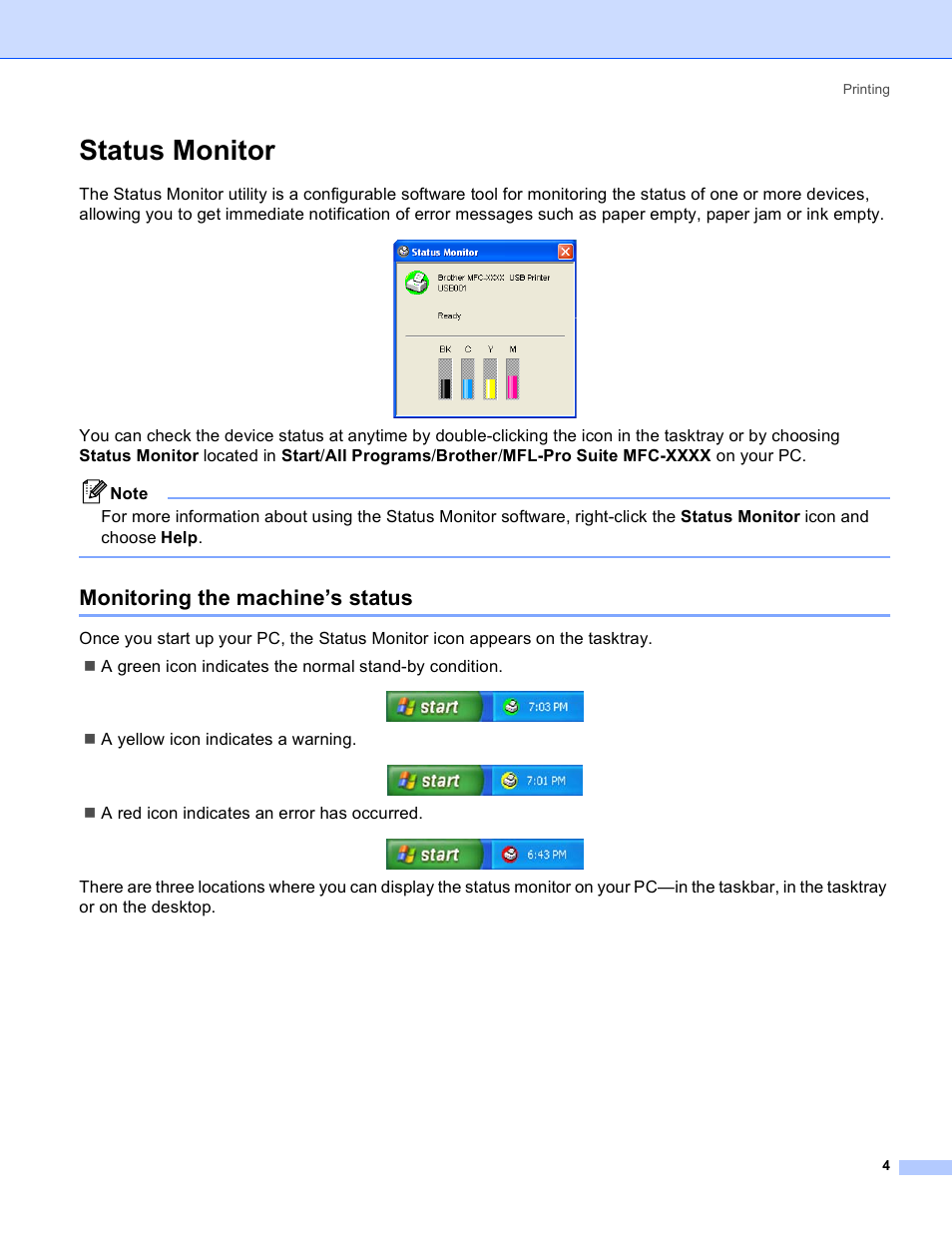Status monitor, Monitoring the machine’s status, A yellow icon indicates a warning | A red icon indicates an error has occurred | Brother MFC-640CW User Manual | Page 10 / 160