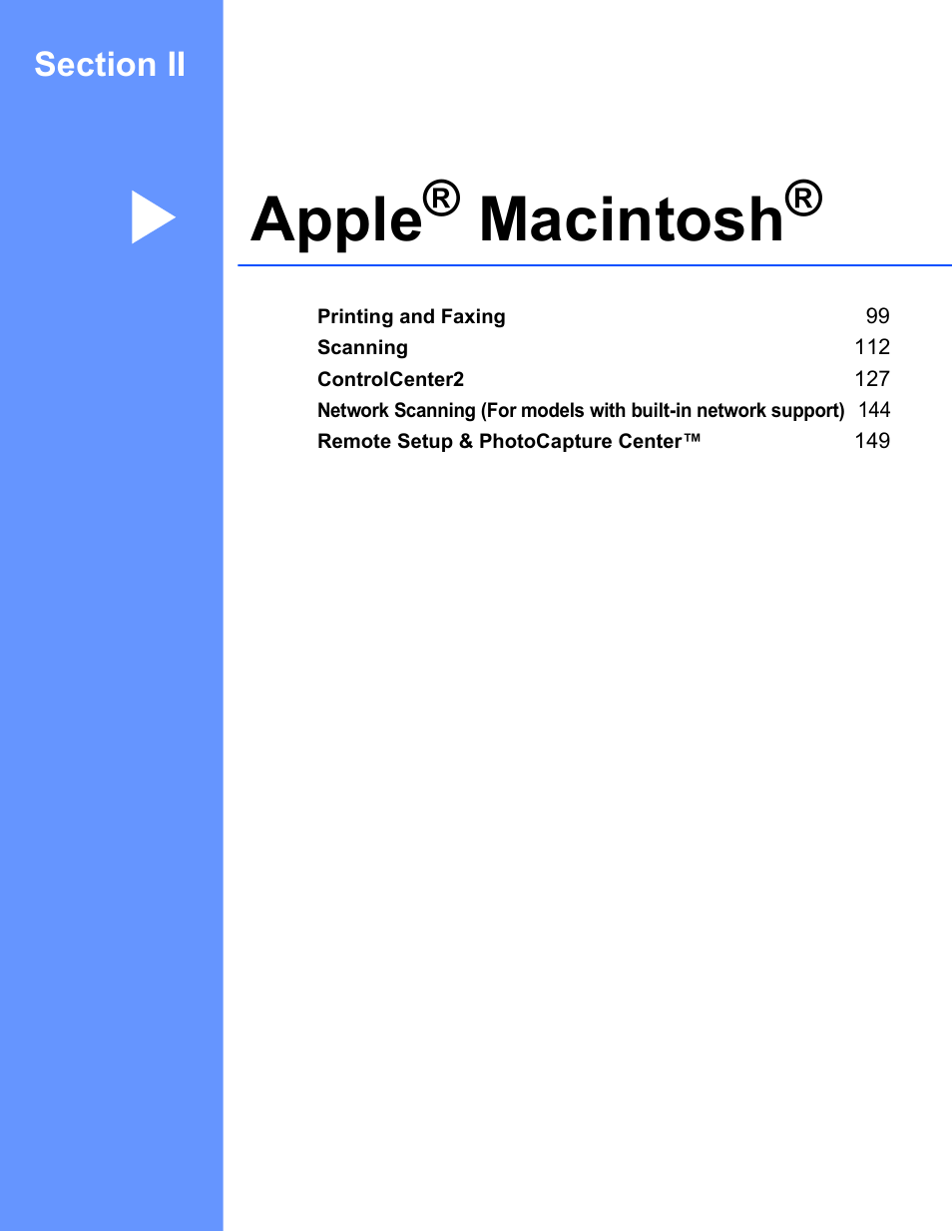 Section ii apple® macintosh, Section ii apple, Macintosh | Apple | Brother MFC-640CW User Manual | Page 104 / 160