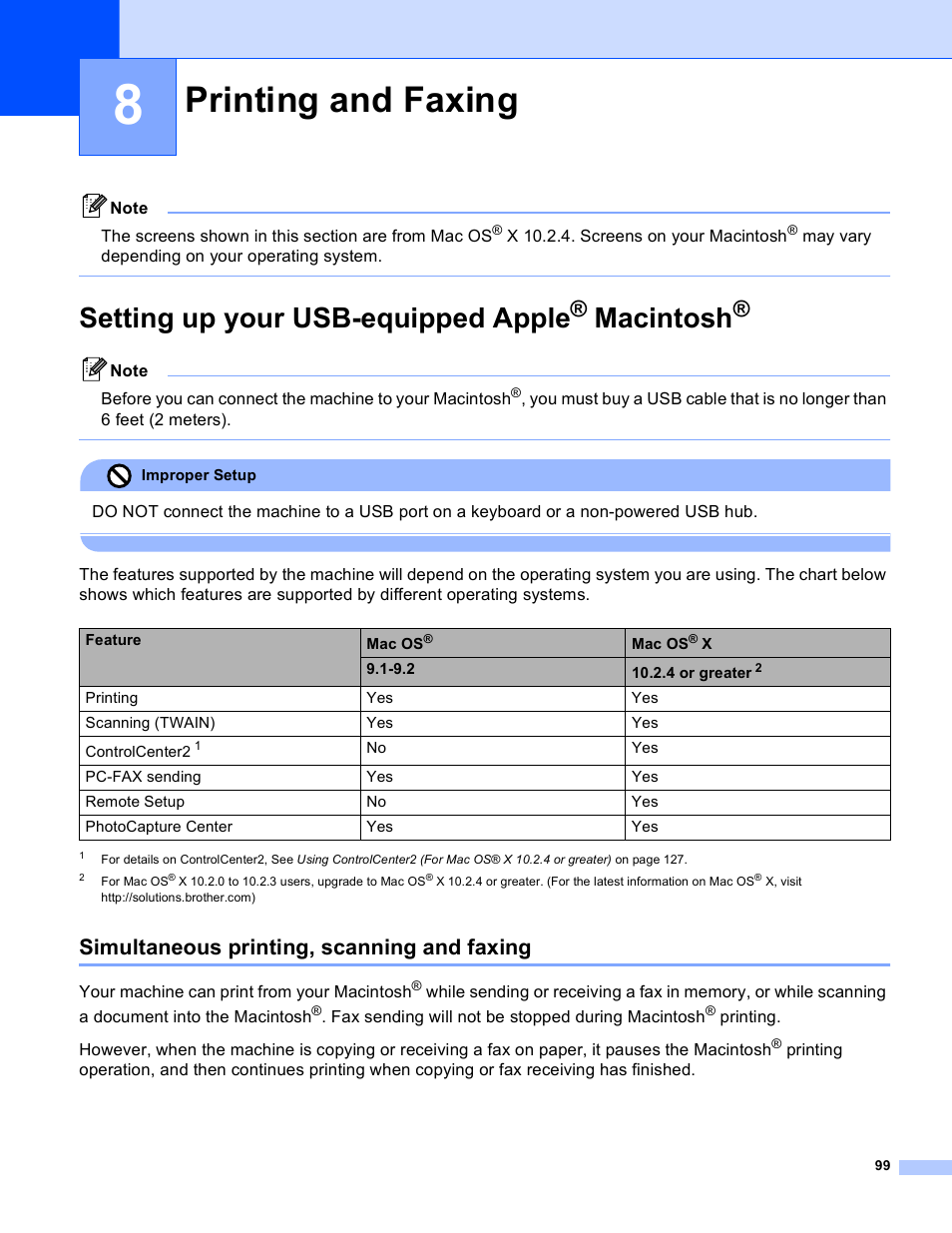 8 printing and faxing, Setting up your usb-equipped apple® macintosh, Simultaneous printing, scanning and faxing | Printing and faxing, Setting up your usb-equipped apple, Macintosh | Brother MFC-640CW User Manual | Page 105 / 160