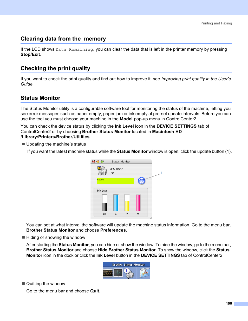 Clearing data from the memory, Checking the print quality, Status monitor | Brother MFC-640CW User Manual | Page 106 / 160
