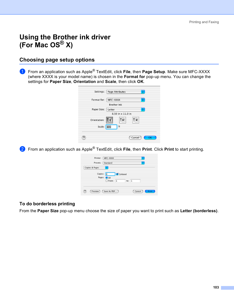 Using the brother ink driver (for mac os® x), To do borderless printing, Using the brother ink driver | For mac os, Using the brother ink driver (for mac os, Choosing page setup options | Brother MFC-640CW User Manual | Page 109 / 160