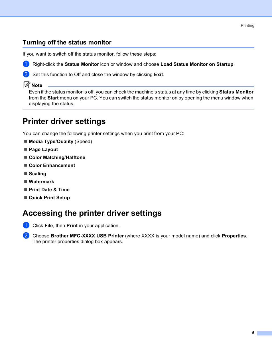 Turning off the status monitor, Printer driver settings, Accessing the printer driver settings | Brother MFC-640CW User Manual | Page 11 / 160