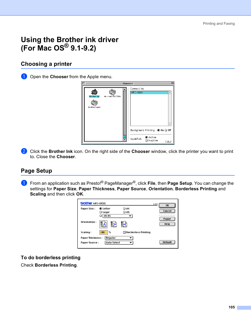 Using the brother ink driver (for mac os® 9.1-9.2), Choosing a printer, To do borderless printing | Using the brother ink driver, For mac os, Using the brother ink driver (for mac os, Page setup | Brother MFC-640CW User Manual | Page 111 / 160