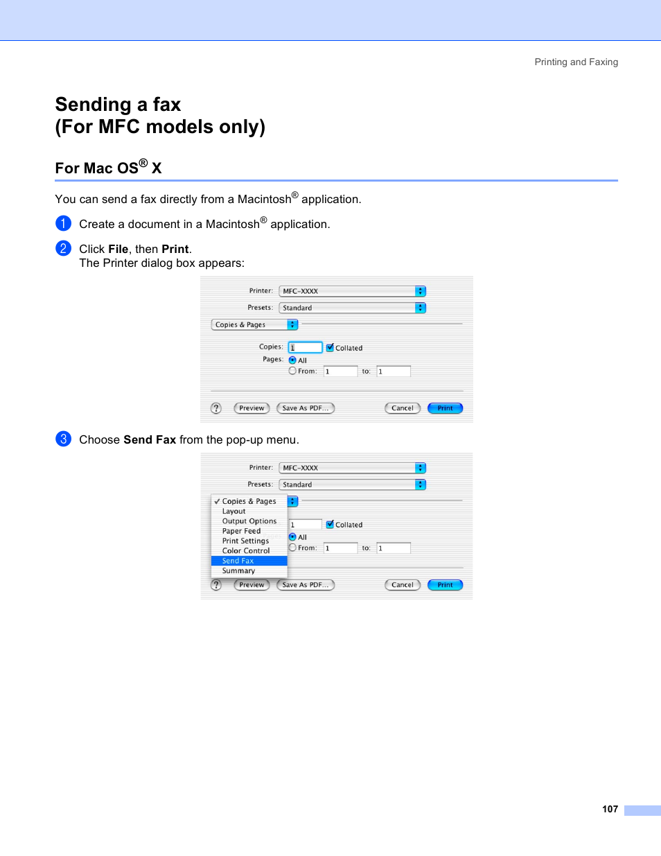 Sending a fax (for mfc models only), For mac os® x, Sending a fax | For mfc models only), For mac os | Brother MFC-640CW User Manual | Page 113 / 160