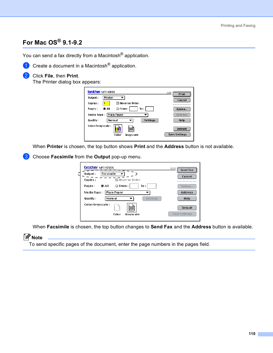 For mac os® 9.1-9.2, For mac os | Brother MFC-640CW User Manual | Page 116 / 160