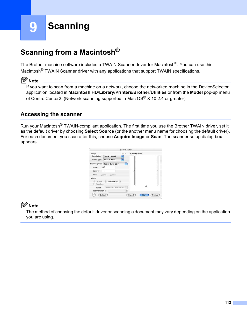 9 scanning, Scanning from a macintosh, Accessing the scanner | Scanning | Brother MFC-640CW User Manual | Page 118 / 160