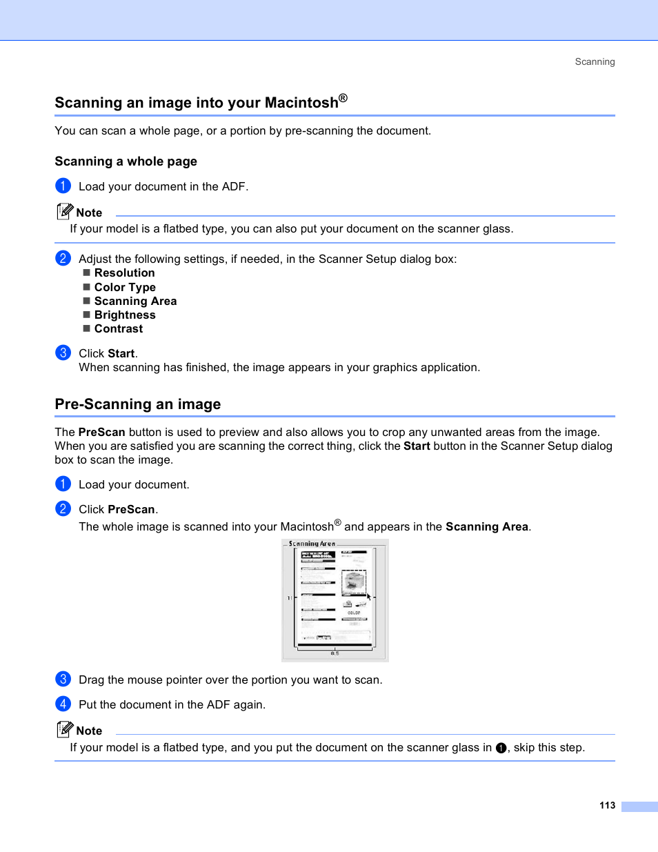 Scanning an image into your macintosh, Pre-scanning an image | Brother MFC-640CW User Manual | Page 119 / 160