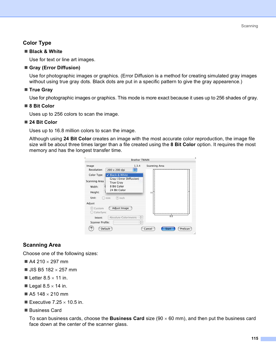 Color type, Scanning area | Brother MFC-640CW User Manual | Page 121 / 160
