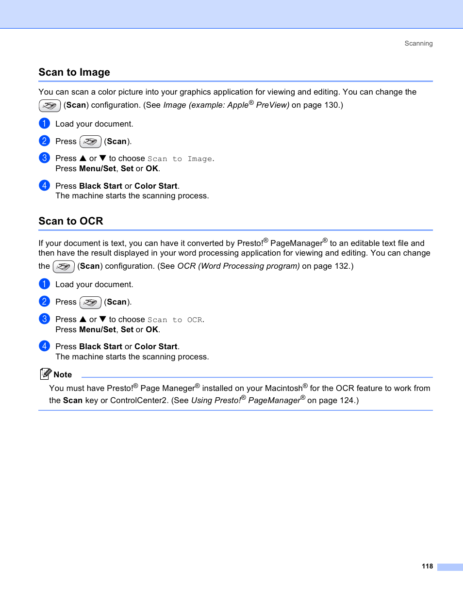 Scan to image, Scan to ocr, Scan to image scan to ocr | Brother MFC-640CW User Manual | Page 124 / 160