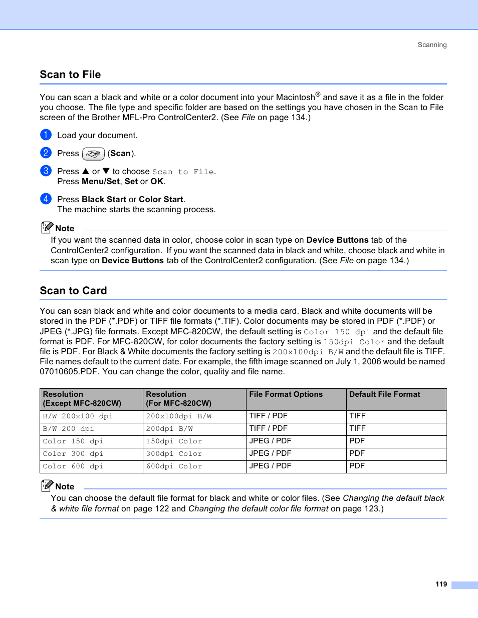 Scan to file, Scan to card, Scan to file scan to card | Brother MFC-640CW User Manual | Page 125 / 160