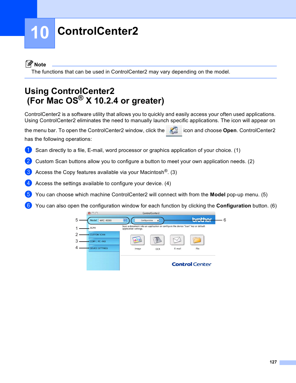 10 controlcenter2, Controlcenter2, Using controlcenter2 | For mac os, X 10.2.4 or greater), Ee using, Controlcenter2 (for mac os, Using controlcenter2 (for mac os | Brother MFC-640CW User Manual | Page 133 / 160