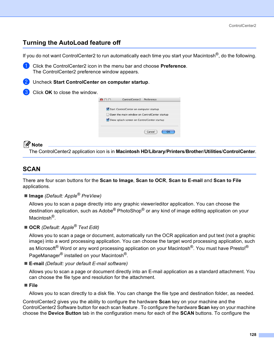 Turning the autoload feature off, Scan, Turning the autoload feature off scan | Brother MFC-640CW User Manual | Page 134 / 160