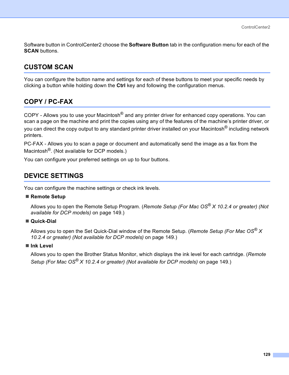 Custom scan, Copy / pc-fax, Device settings | Custom scan copy / pc-fax device settings | Brother MFC-640CW User Manual | Page 135 / 160