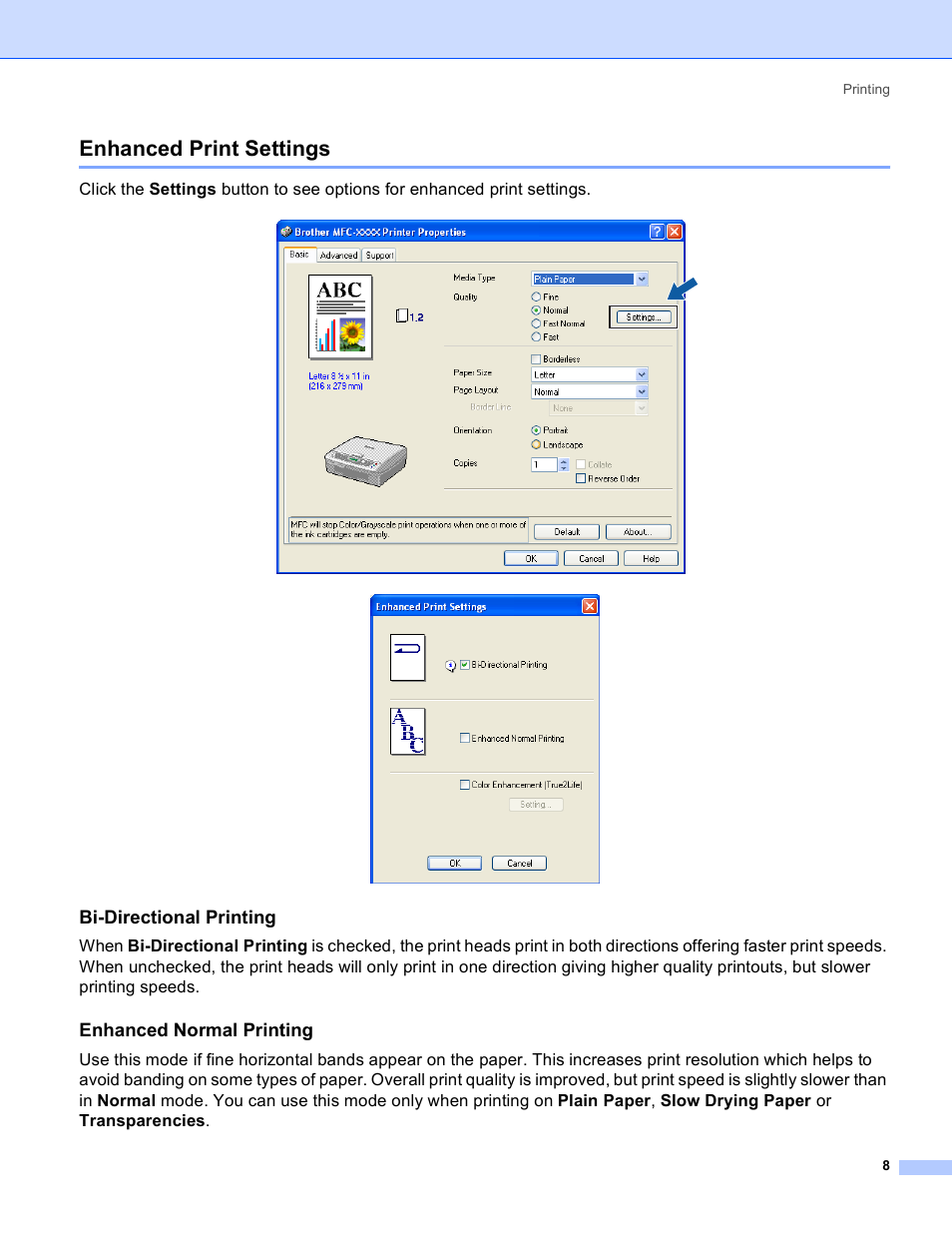 Enhanced print settings, Bi-directional printing, Enhanced normal printing | Brother MFC-640CW User Manual | Page 14 / 160