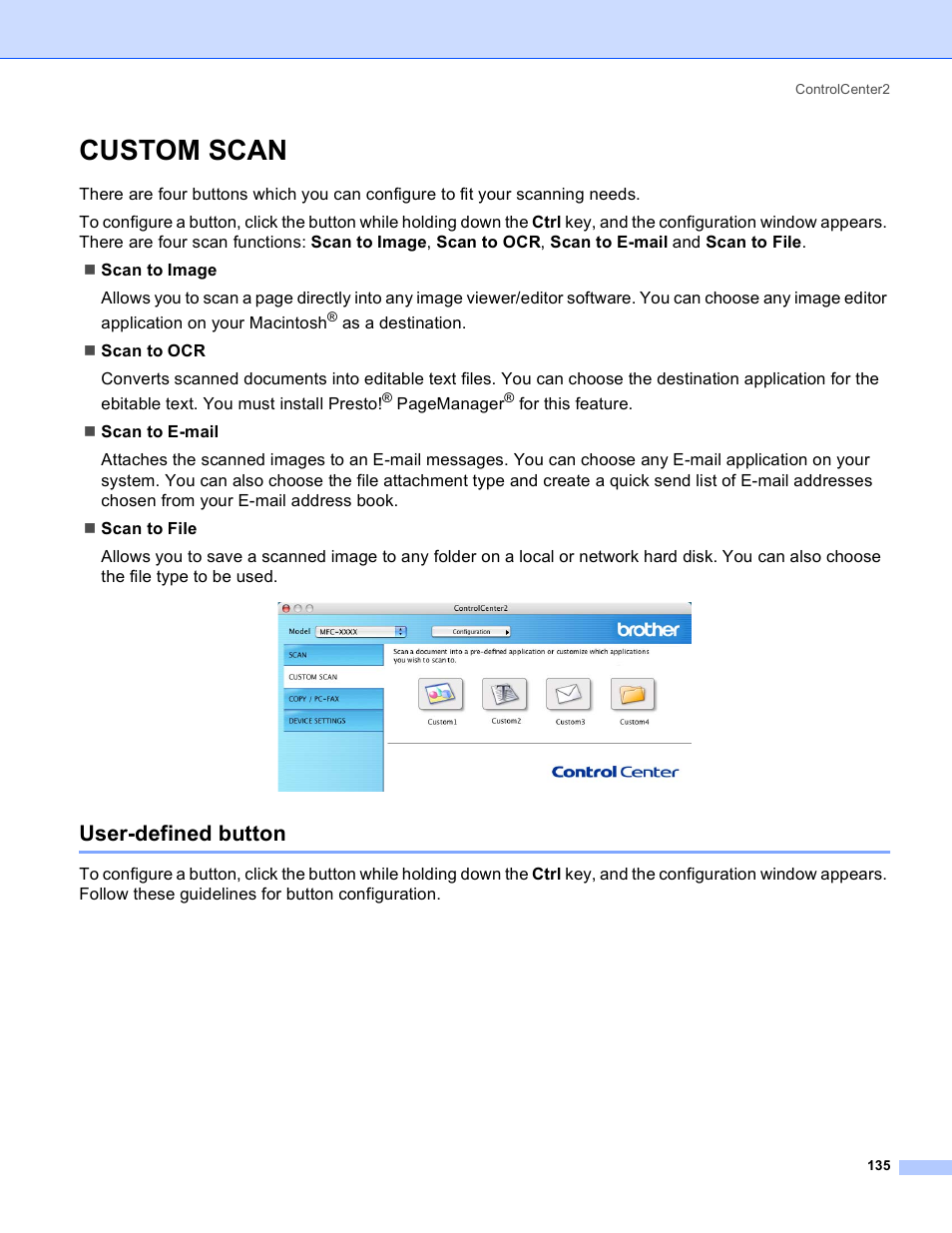 Custom scan, User-defined button | Brother MFC-640CW User Manual | Page 141 / 160