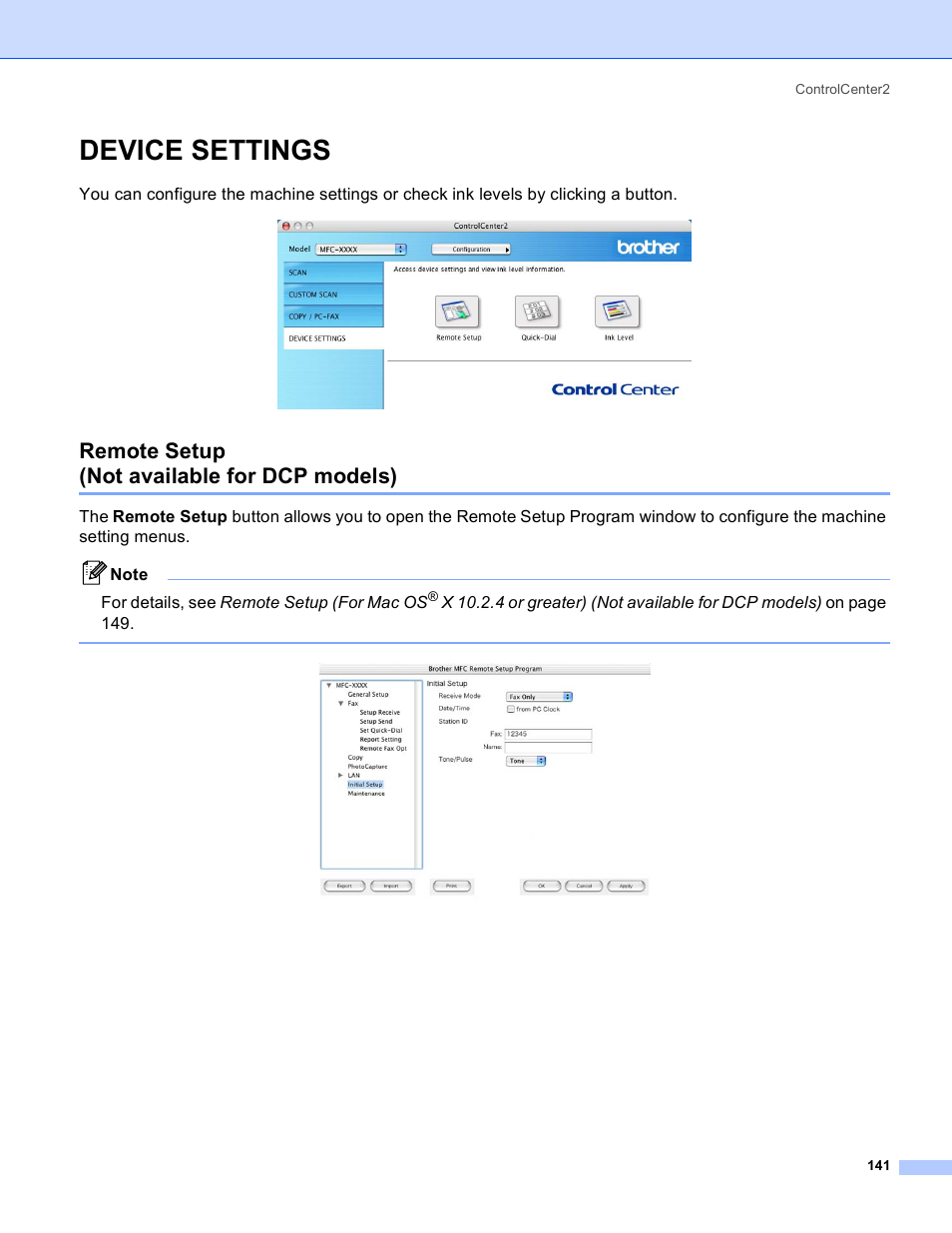 Device settings, Remote setup (not available for dcp models), Remote setup | Not available for dcp models) | Brother MFC-640CW User Manual | Page 147 / 160