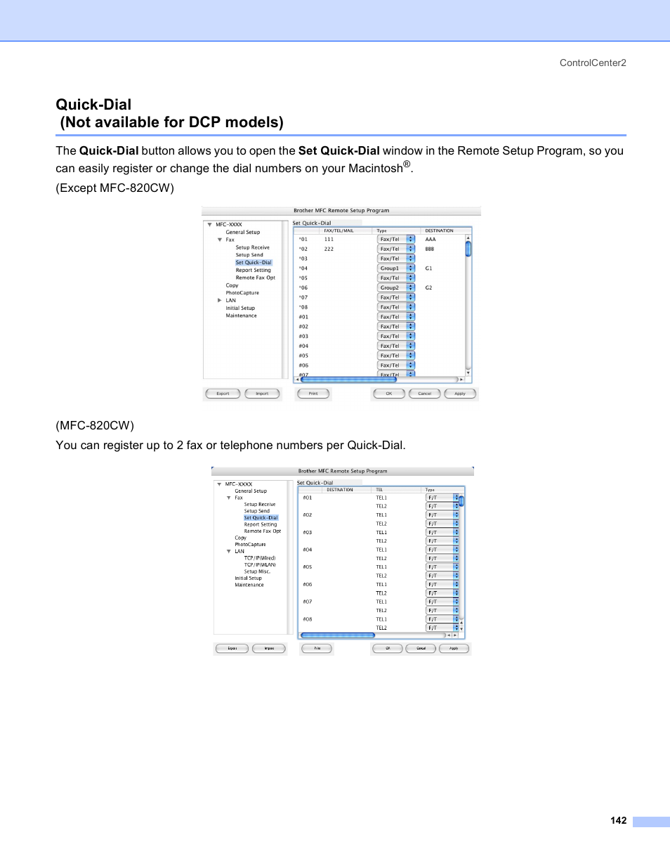 Quick-dial (not available for dcp models), Quick-dial, Not available for dcp models) | Except mfc-820cw) | Brother MFC-640CW User Manual | Page 148 / 160