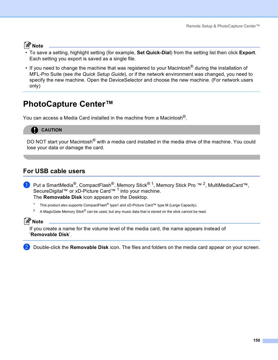 Photocapture center, For usb cable users | Brother MFC-640CW User Manual | Page 156 / 160