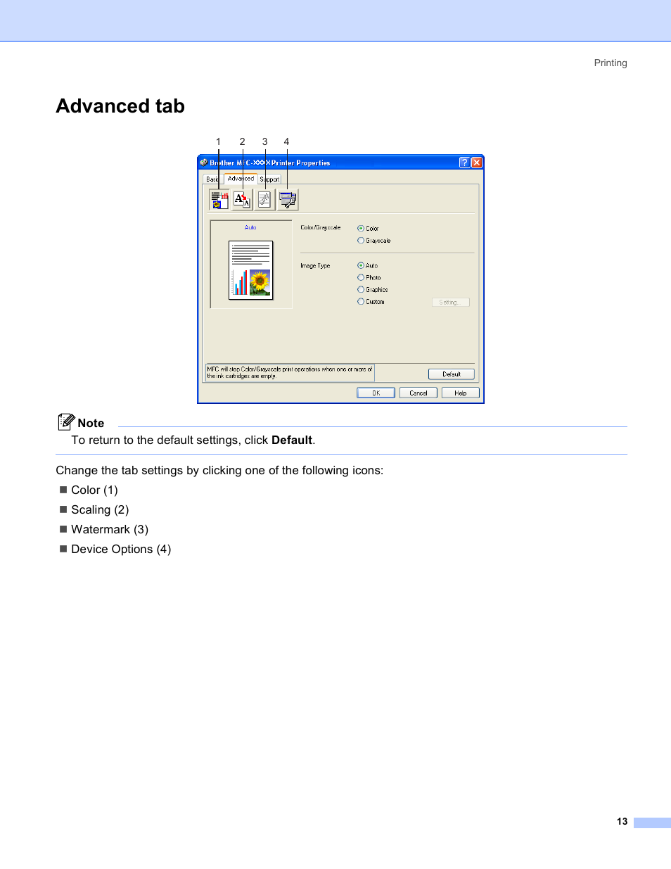 Advanced tab | Brother MFC-640CW User Manual | Page 19 / 160