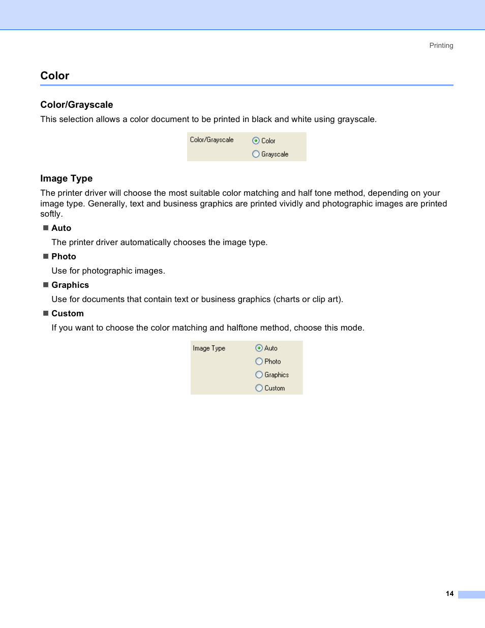 Color, Color/grayscale, Image type | Brother MFC-640CW User Manual | Page 20 / 160