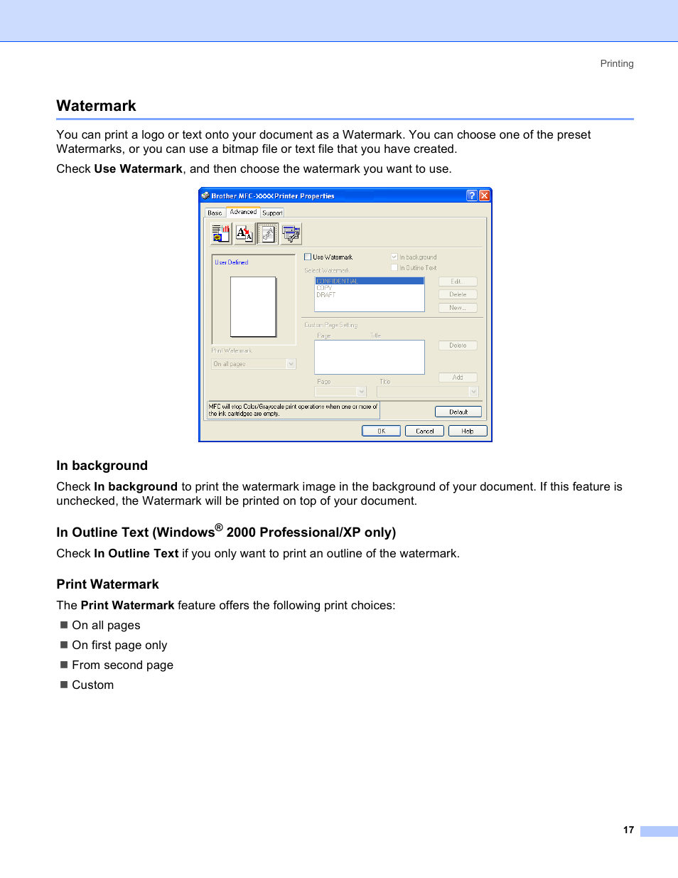 Watermark, In background, Print watermark | 2000 professional/xp only) | Brother MFC-640CW User Manual | Page 23 / 160