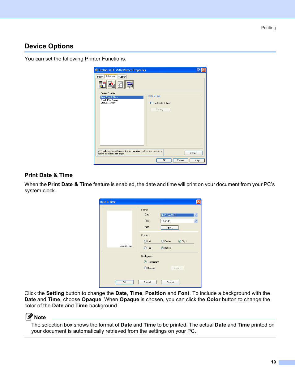 Device options, Print date & time, You can set the following printer functions | Brother MFC-640CW User Manual | Page 25 / 160