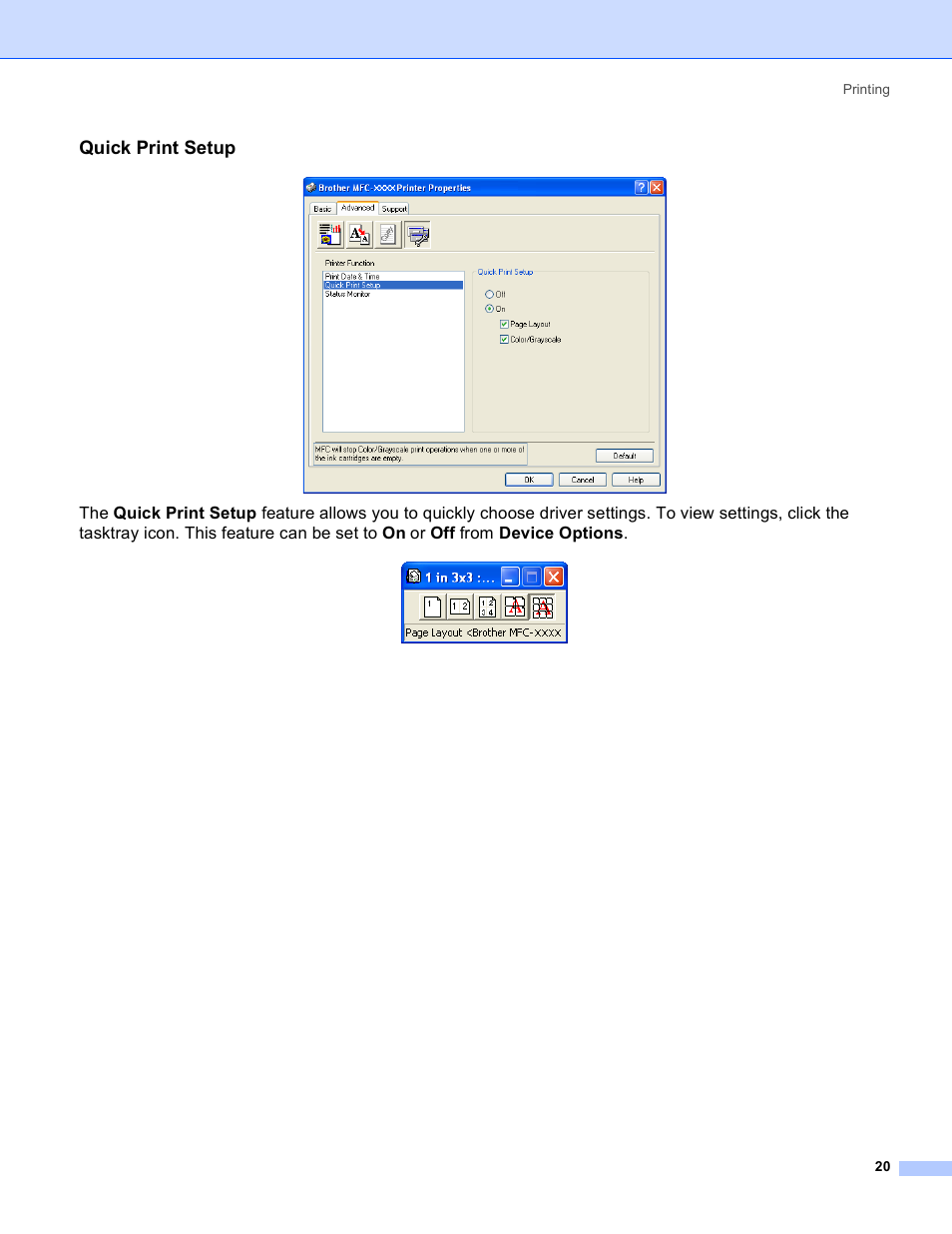 Quick print setup, Printing 20 | Brother MFC-640CW User Manual | Page 26 / 160