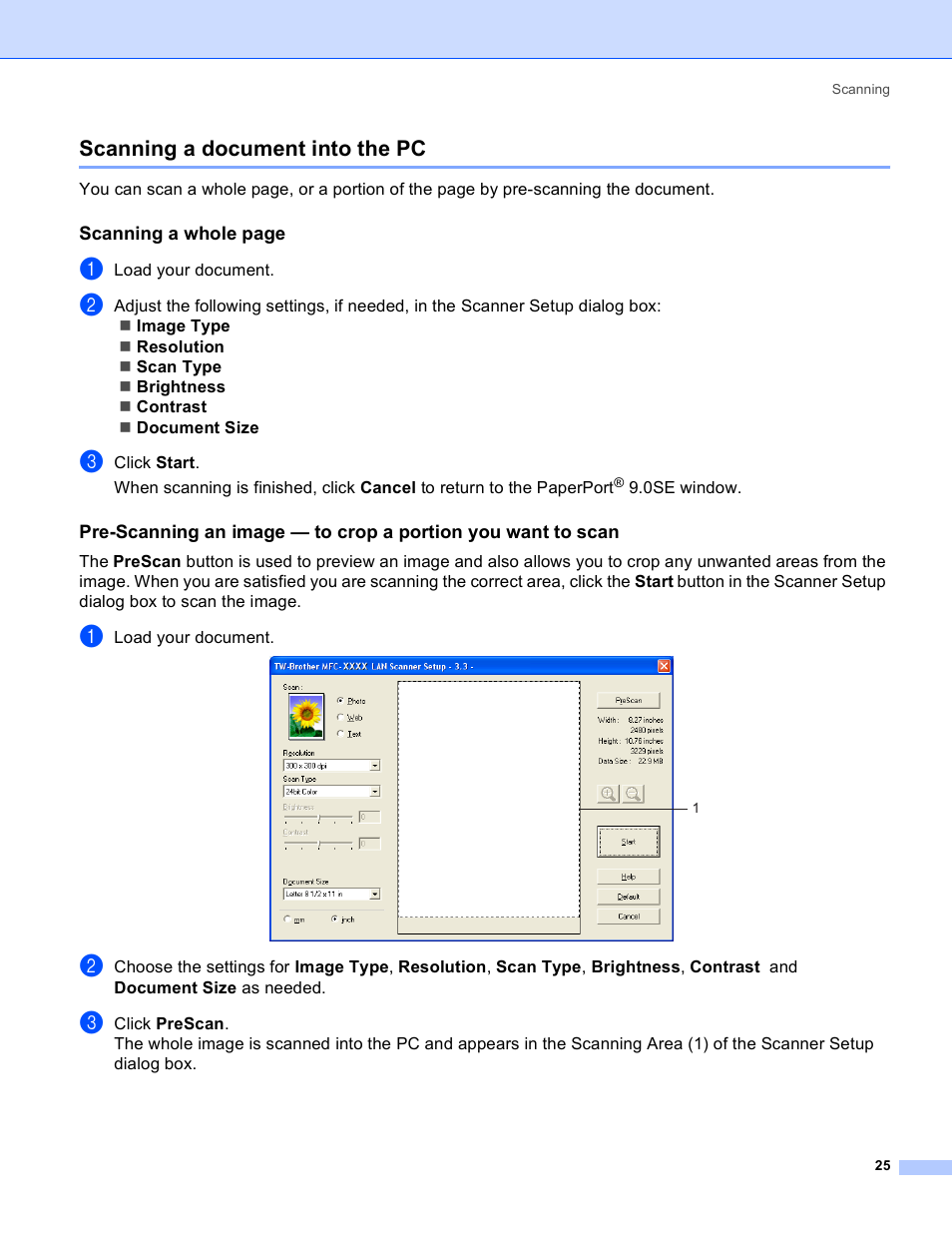 Scanning a document into the pc | Brother MFC-640CW User Manual | Page 31 / 160