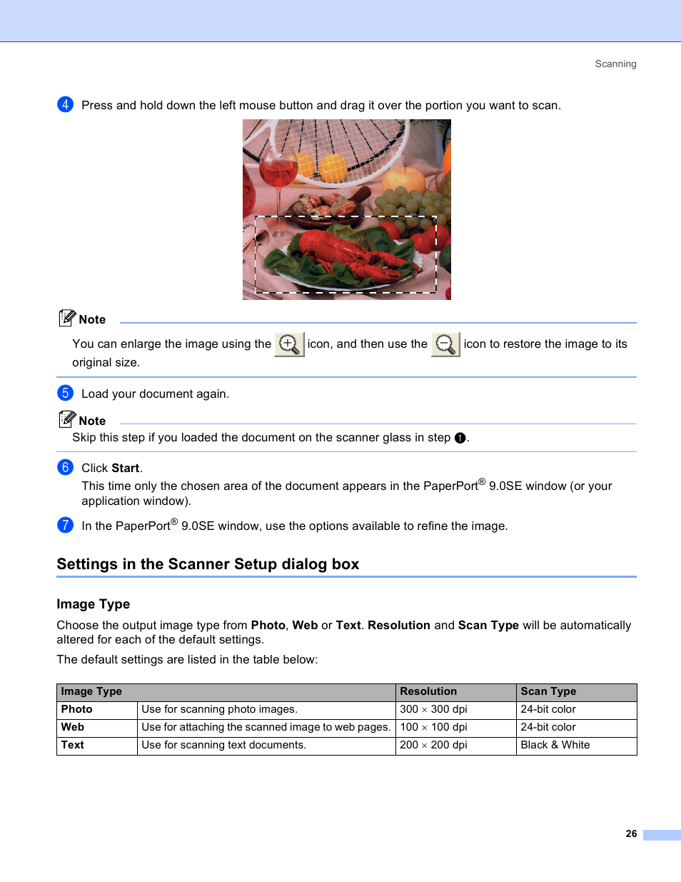 Settings in the scanner setup dialog box, Image type | Brother MFC-640CW User Manual | Page 32 / 160