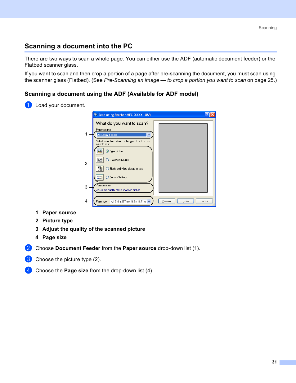 Scanning a document into the pc | Brother MFC-640CW User Manual | Page 37 / 160