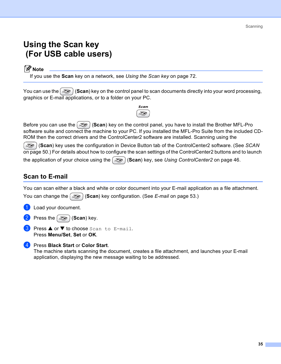 Using the scan key (for usb cable users), Scan to e-mail, Using the scan key | For usb cable users) | Brother MFC-640CW User Manual | Page 41 / 160