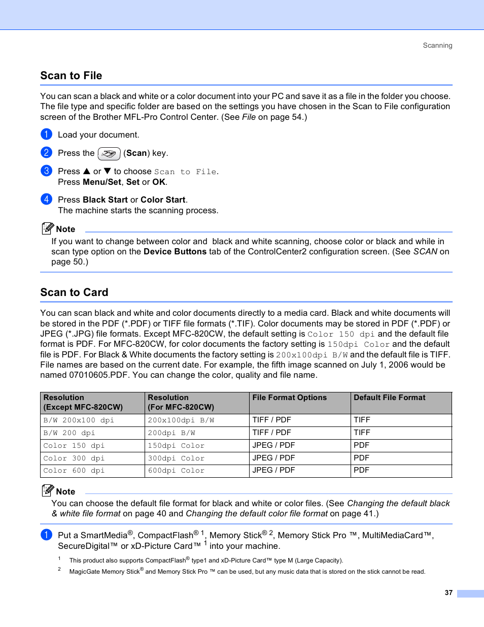 Scan to file, Scan to card | Brother MFC-640CW User Manual | Page 43 / 160